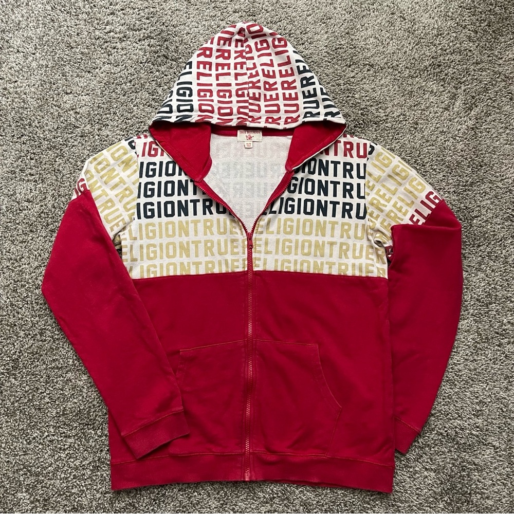 True Religion Men’s Blocked Hoodie Red All Over Print Zip Up Size XL Slim Fit